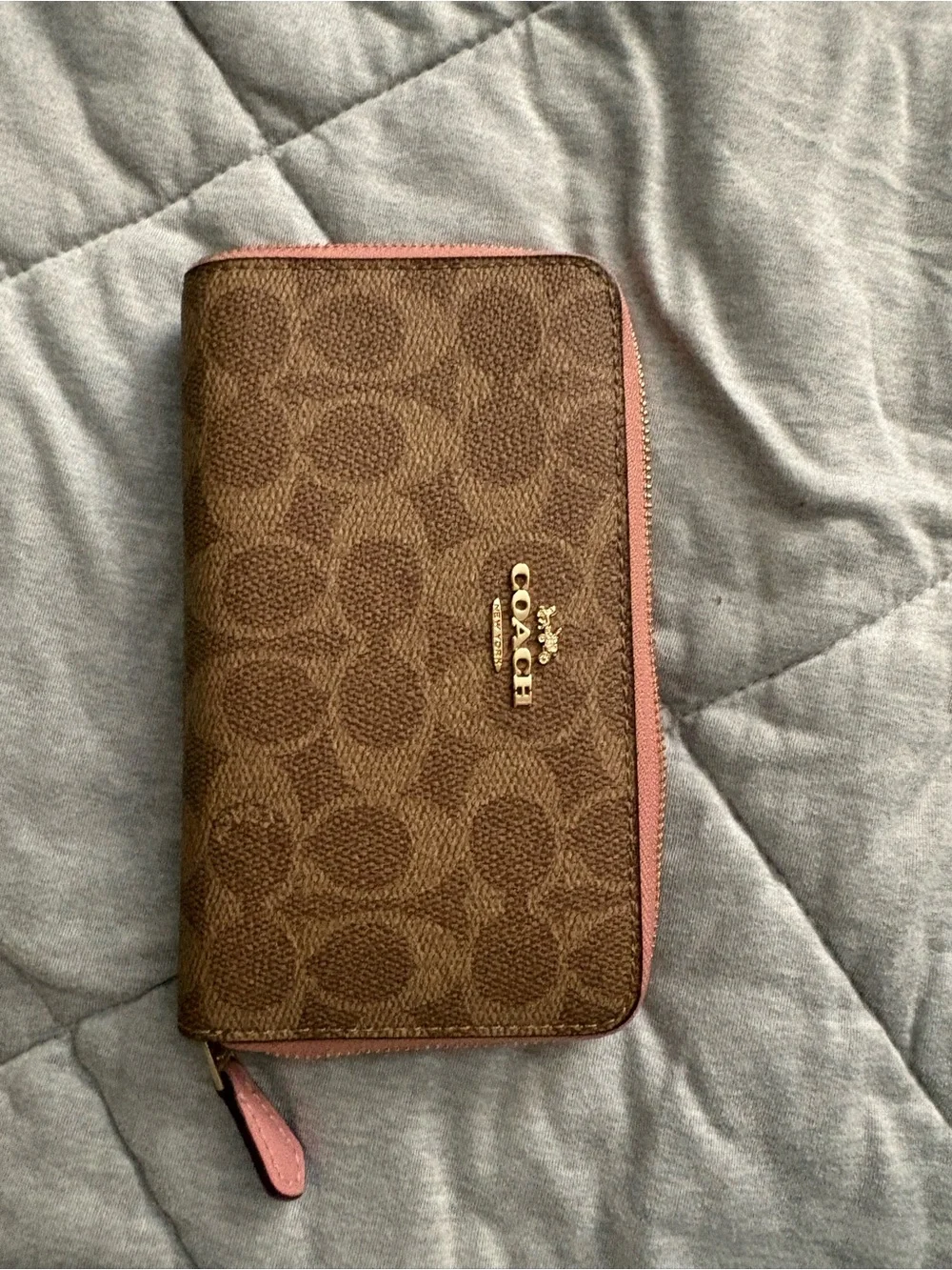COACH Signature Brown and Pink Zip Around Wallet